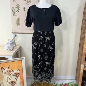 Vintage 90s Black Abstract Cat Dog Print Casual Midi Dress Artsy Boho Grunge XL
